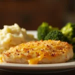 A beautifully plated Longhorn Parmesan Crusted Chicken on a white plate