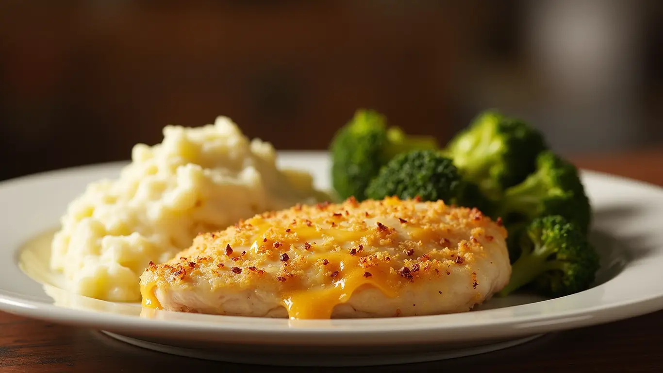 A beautifully plated Longhorn Parmesan Crusted Chicken on a white plate