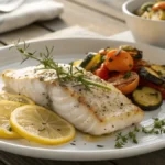 Baked cobia recipes with lemon and herbs on a white plate