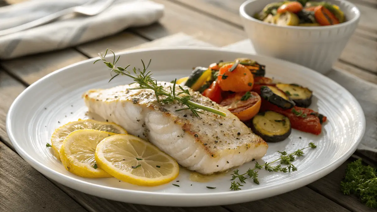 Baked cobia recipes with lemon and herbs on a white plate