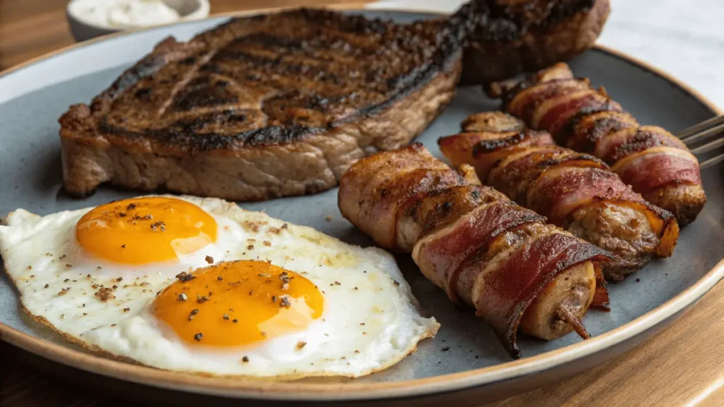 Zero-carb carnivore breakfast with bacon-wrapped liver and steak