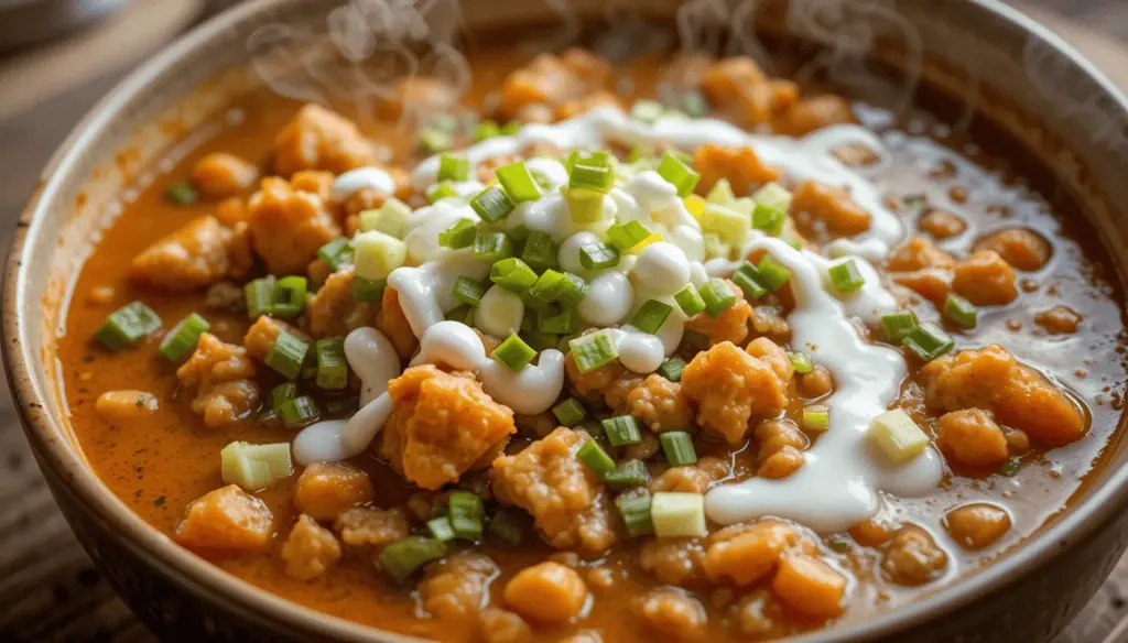 Buffalo chicken chili served in a bowl with blue cheese, green onions, and ranch dressing.