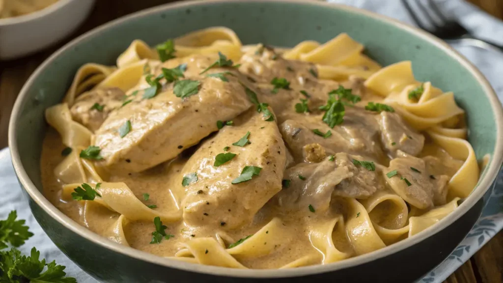 Creamy carnivore chicken stroganoff served in a rustic skillet