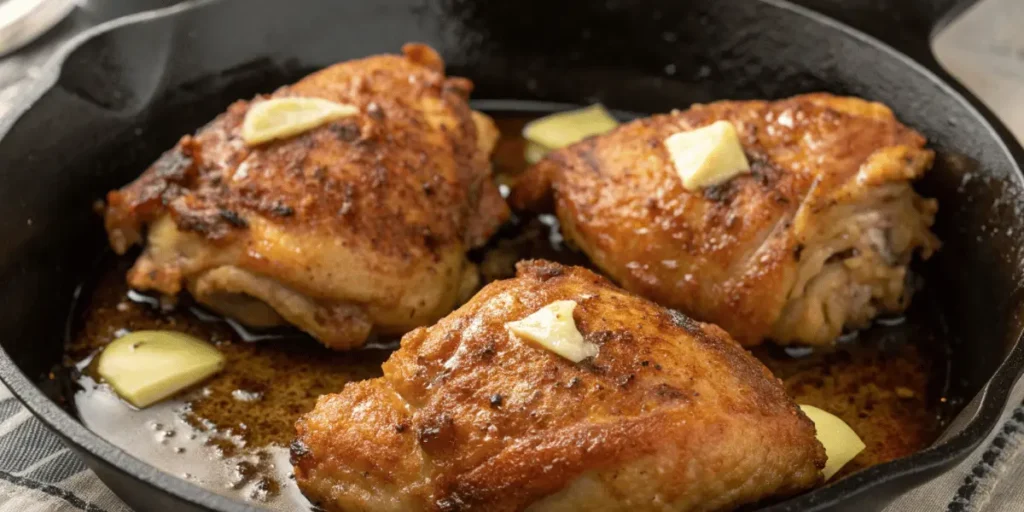 Golden crispy chicken thighs with butter in a cast iron pan