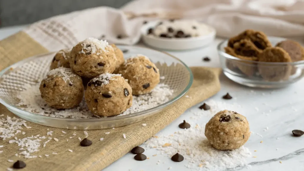 No-bake cookie balls labeled "Best Moose Farts Recipe" on glass plate with coconut, chocolate chips, and graham crumbs.