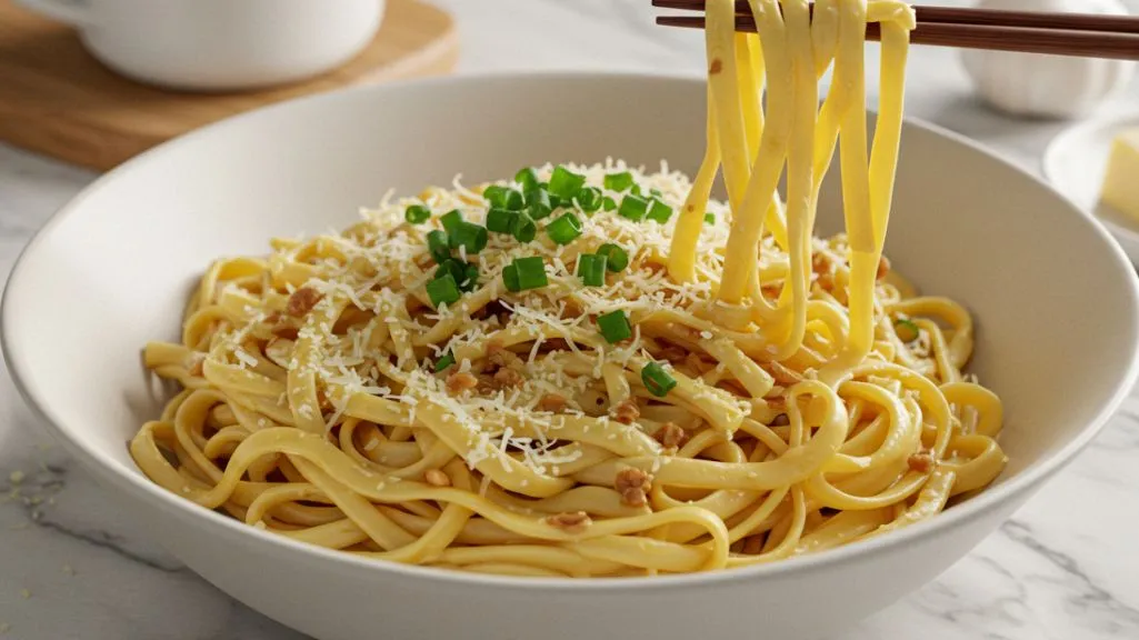 Thanh Long garlic noodles glistening with buttery garlic sauce