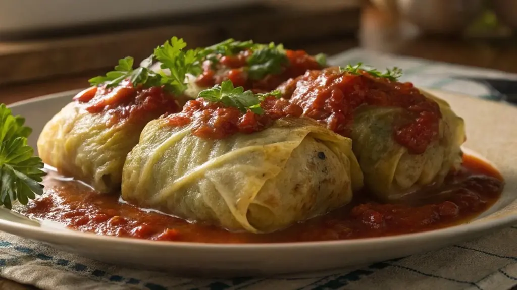 Traditional german cabbage rolls served on a rustic wooden table, topped with rich tomato sauce and fresh parsley, in a cozy kitchen setting.