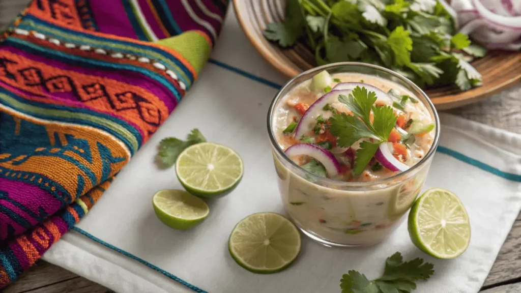 Simple leche de tigre served in a glass with lime, red onion, and fresh herbs on a rustic table.