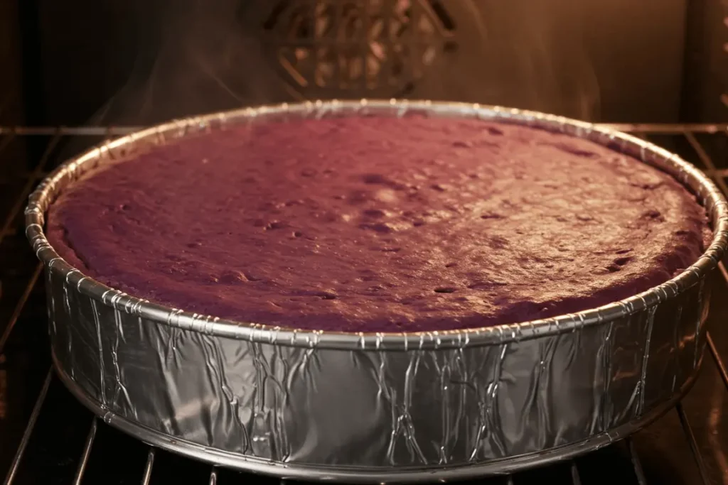 Ube cheesecake recipe baking in a water bath using foil-wrapped pan.