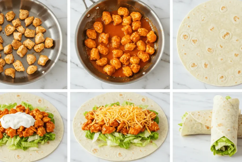 Buffalo Chicken Wrap Recipe preparation showing chicken cooking, sauce mixing, and wrap assembly