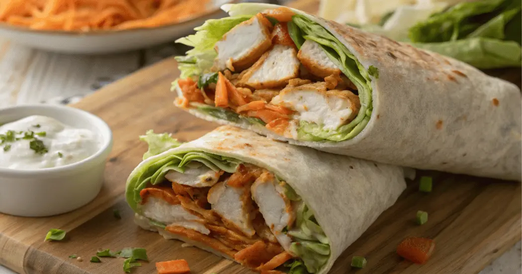 Buffalo Chicken Wrap Recipe served with creamy ranch dressing on a wooden board