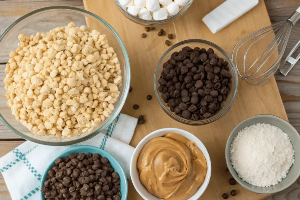 Ingredients and tools for making Chocolate Rice Krispie Balls