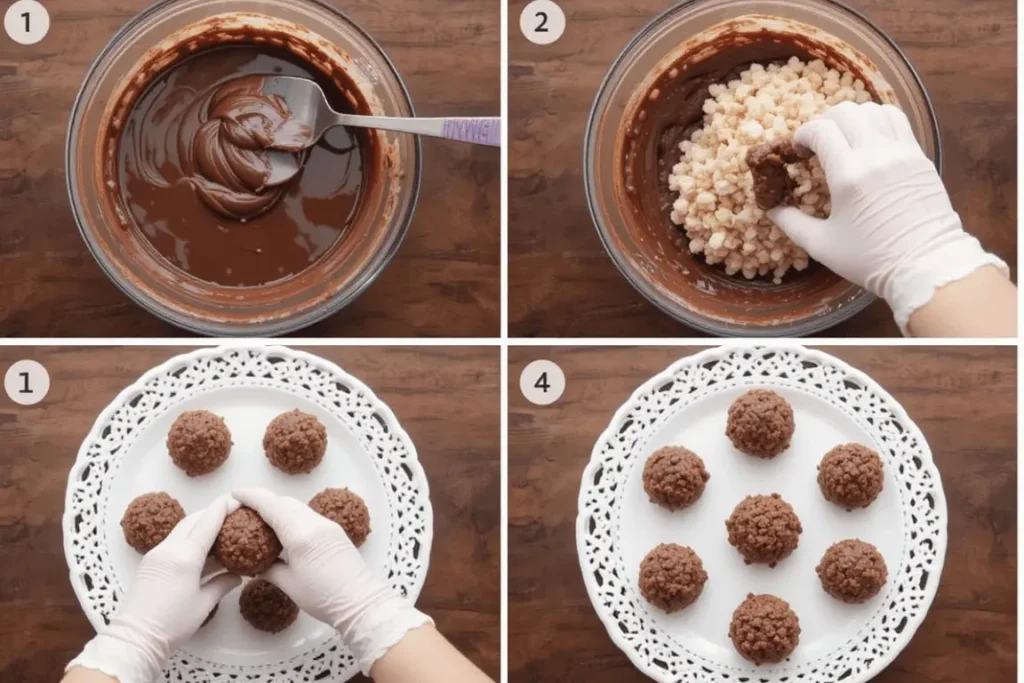 Mixing and shaping Chocolate Rice Krispie Balls step by step