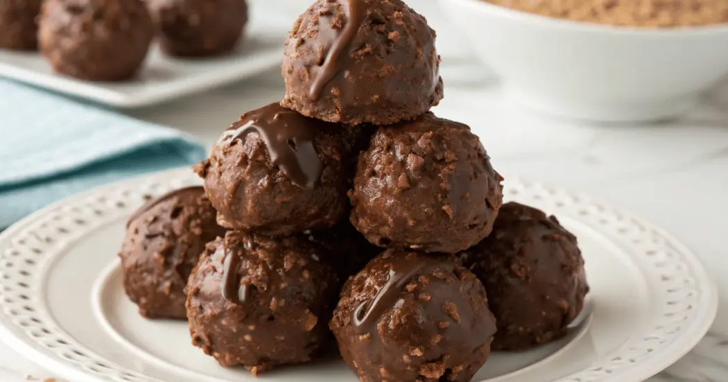 Chocolate Rice Krispie Balls stacked on a plate with sprinkles.