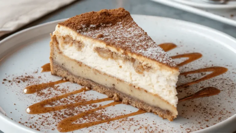 Churro cheesecake Recipe slice on white plate with cinnamon sugar