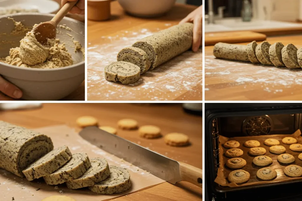 Step-by-step process of baking Earl Grey Cookies from dough to oven