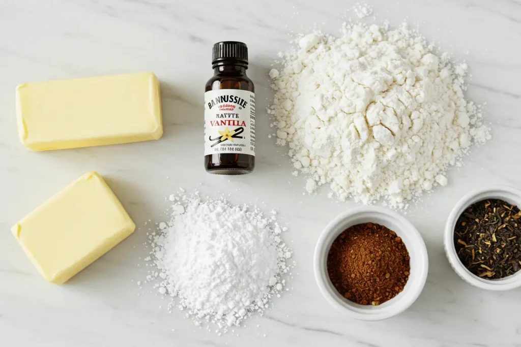 Baking ingredients for Earl Grey Cookies including butter, flour, and tea leaves