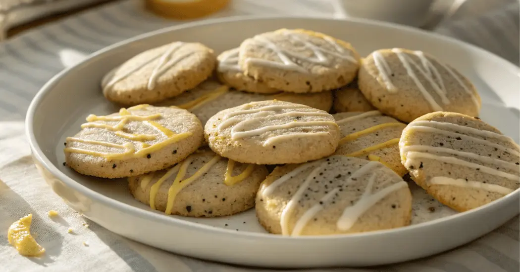 A plate of Earl Grey Cookies with lemon glaze next to a cup of tea