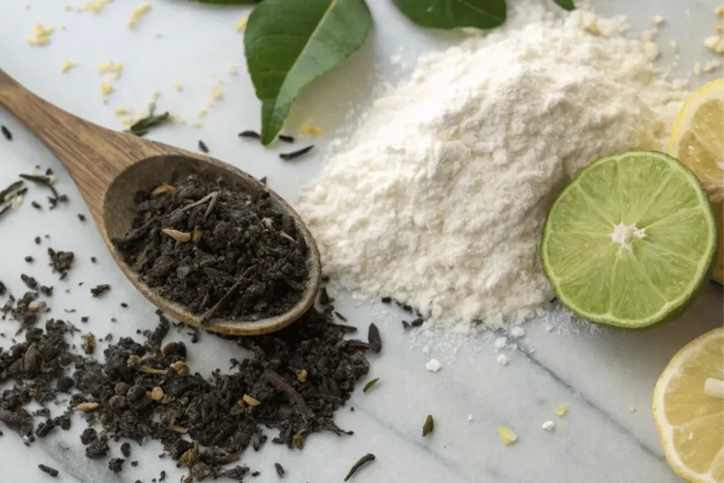 Ground Earl Grey tea with bergamot and lemon on a baking table