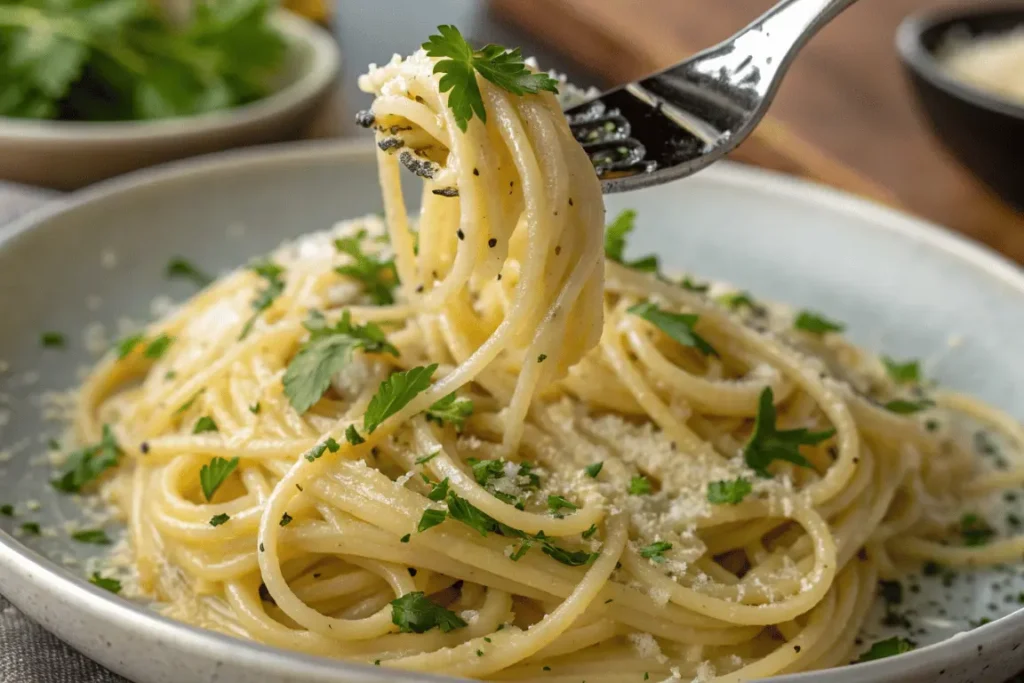 Garlic butter noodles in a plate, tossed and ready to serve.