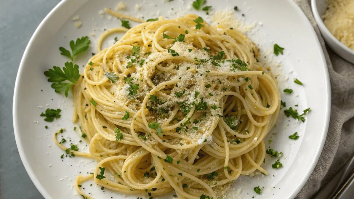 Garlic butter noodles recipe topped with parsley and Parmesan on a white plate.
