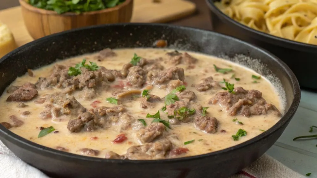 Creamy skillet cheese sauce with ground beef and beef stroganoff