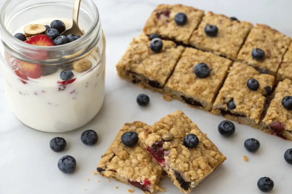 Healthy blueberry oat bars and homemade yogurt created with condensed milk for light dessert options.