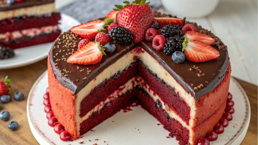 Heart cakes with red velvet, chantilly berry, and chocolate flavor layers