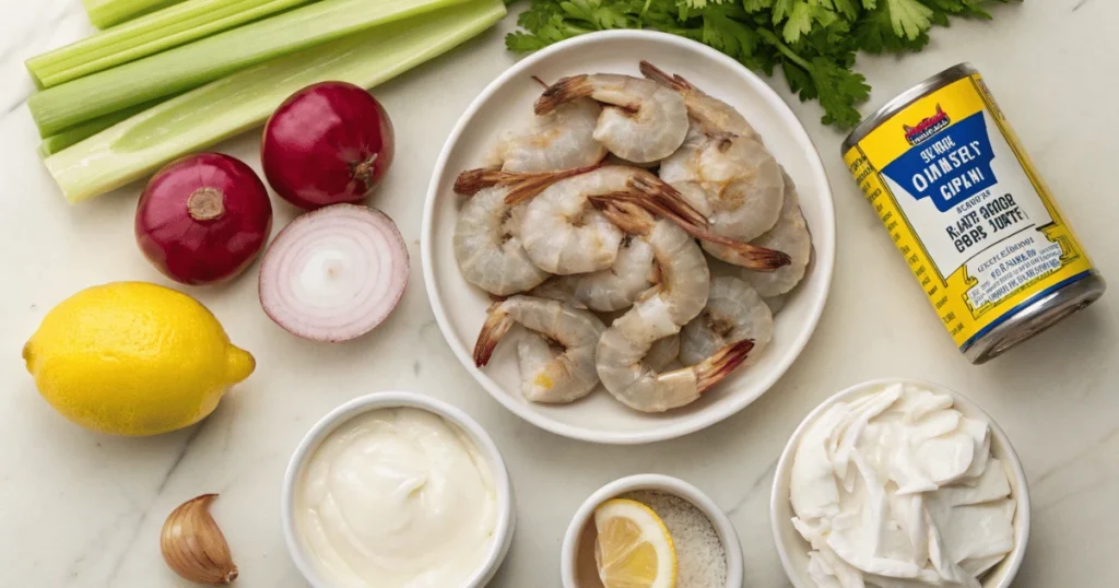 Ingredients for Old Bay shrimp salad including shrimp, celery, onion, and creamy dressing