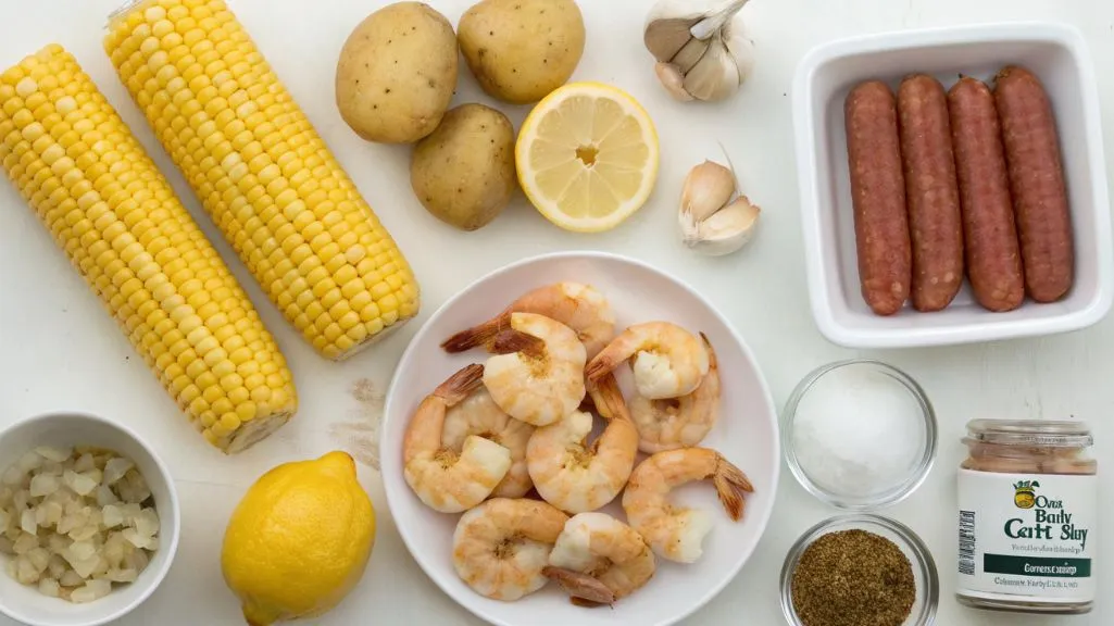 Ingredients for old bay seasoning shrimp boil recipe laid out on a kitchen counter