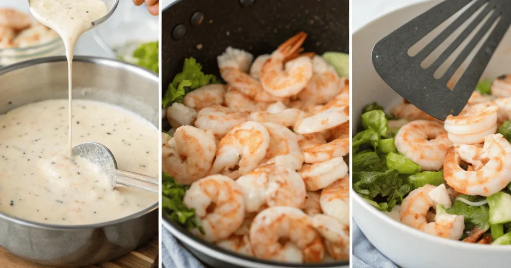 Steps for making Old Bay shrimp salad: cooking shrimp, mixing dressing, and combining ingredients