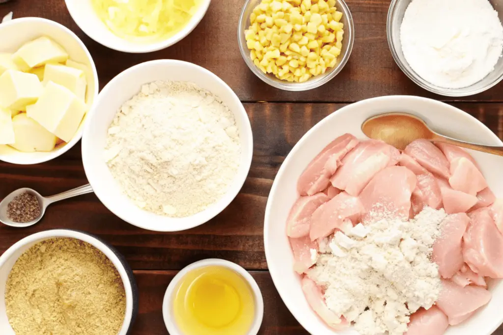 Steps showing how to prepare and assemble a homemade KFC mashed potato bowl