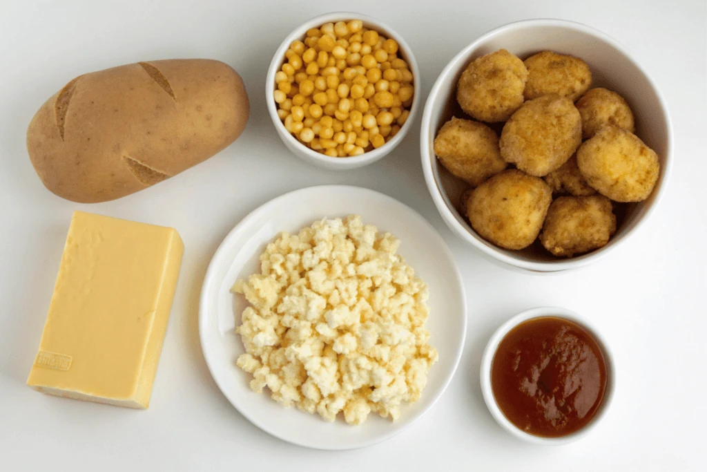 Ingredients for a homemade KFC bowl recipe including potatoes, chicken, cheese, corn, and gravy