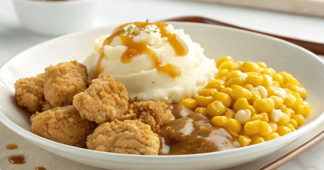 Plated KFC bowl recipe with mashed potatoes, popcorn chicken, corn, cheese, and gravy