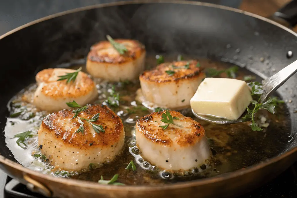 Scallops searing in a hot cast iron pan with golden crust and sizzling oil