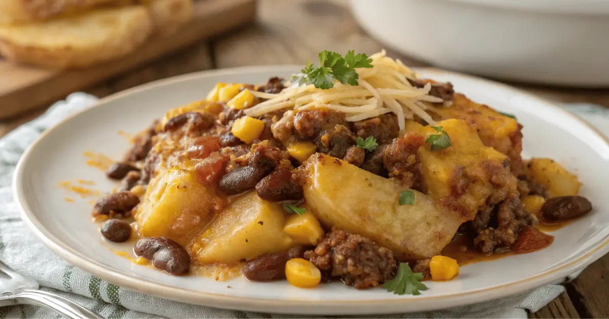 A serving of slow cooker cowboy casserole on a plate with layers of beef, potatoes, beans, corn, and melted cheese.