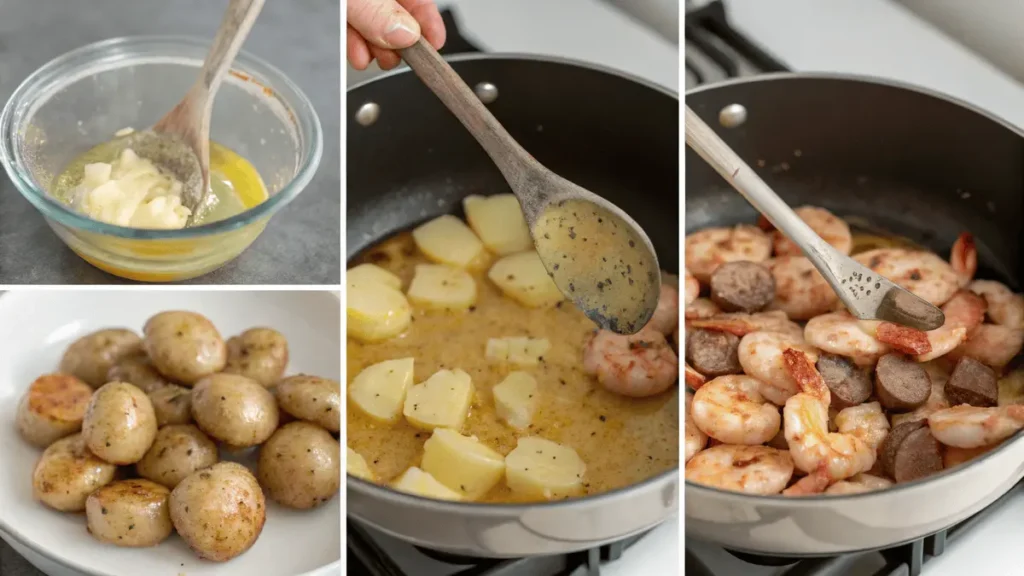 Step-by-step cooking process of old bay seasoning shrimp boil with boiling and butter sauce preparation