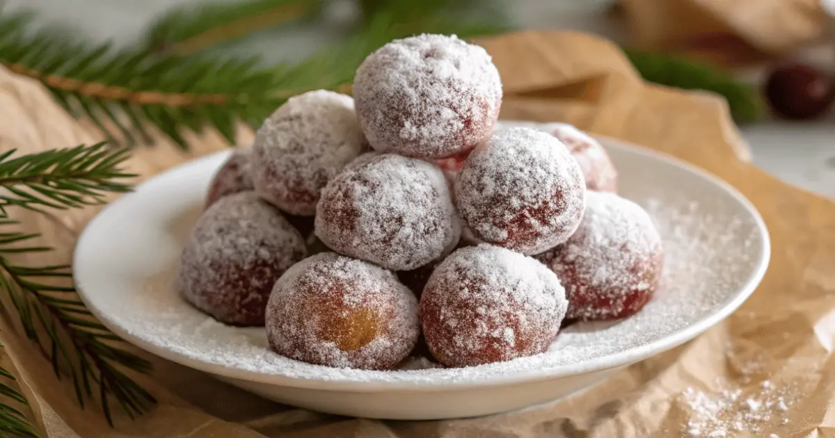 White plate stacked with sugar plums dusted with powdered sugar, styled for a sugar plum recipe.