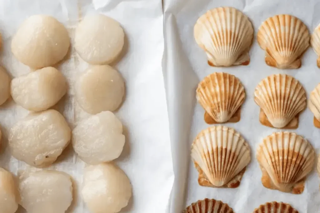 Sea scallops vs bay scallops side-by-side on display for size and color comparison