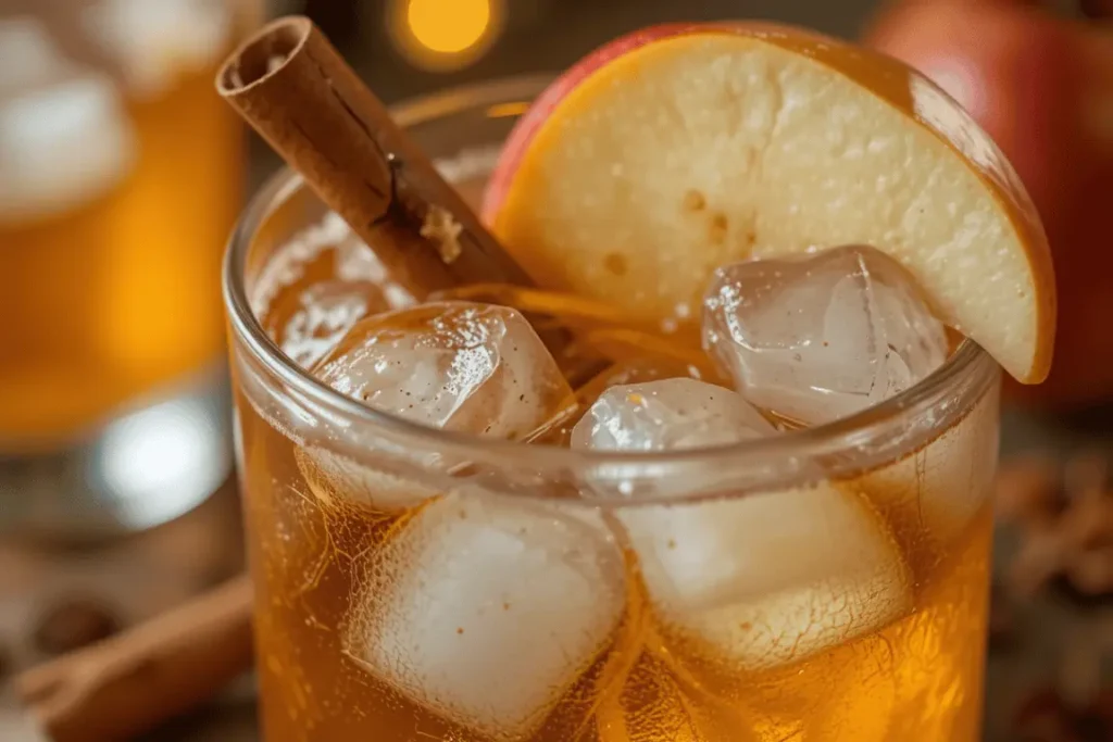 Cocktail made with apple pie moonshine, served over ice and garnished with cinnamon and apple