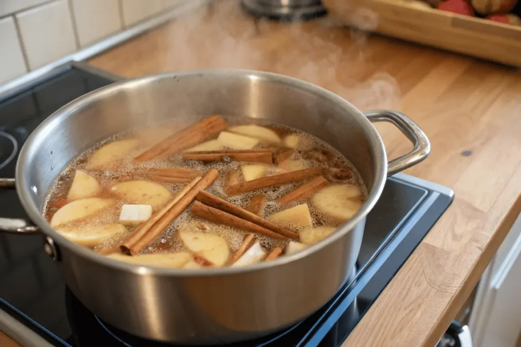 A close-up of the simmering process for apple pie moonshine, with cinnamon and apple juice in a pot