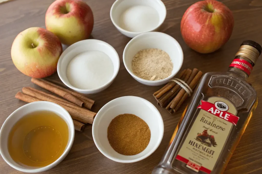 Display of essential ingredients for making apple pie moonshine recipe, including spices, juices, and high-proof alcohol