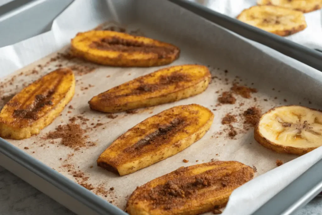 Baked sweet plantain slices on a parchment-lined tray, sprinkled with cinnamon and brown sugar – sweet plantain recipes