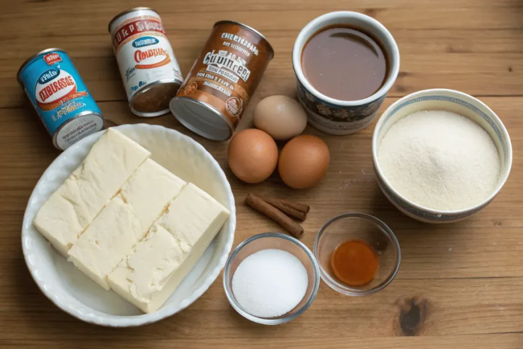 Key ingredients for churro cheesecake recipe including cream cheese and cinnamon