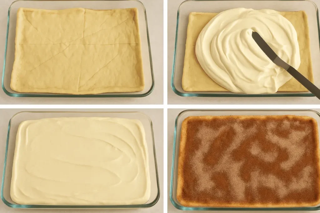 Step-by-step collage showing how to make churro cheesecake in a glass baking dish, from dough to cinnamon sugar topping.