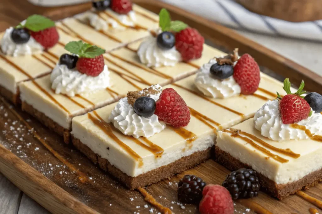 Served churro cheesecake squares beautifully plated with fresh fruit and sauces