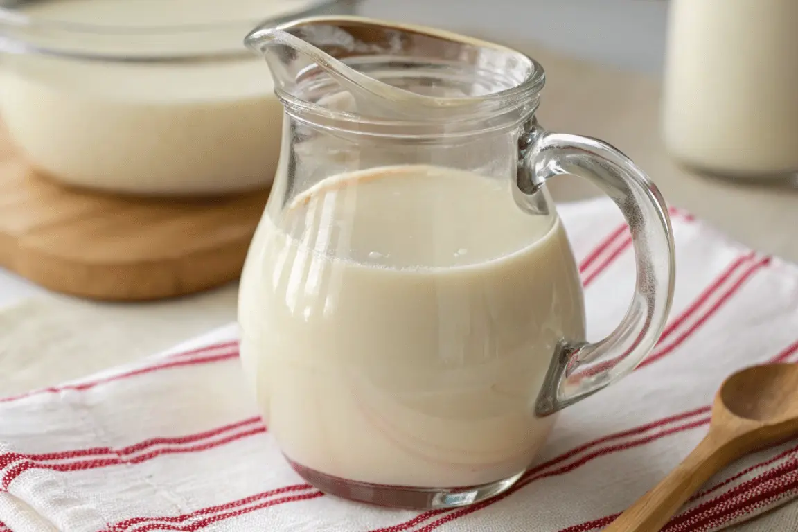 A glass pitcher filled with sweetened condensed milk, perfect for quick and creamy condensed milk recipes.