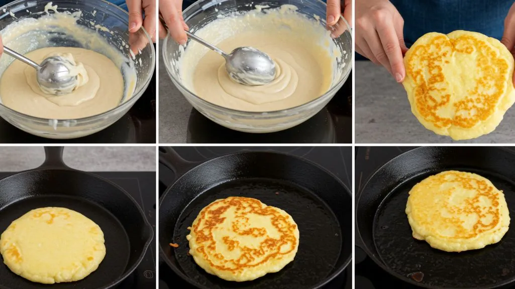 Step-by-step process of cooking hoe cakes in a skillet