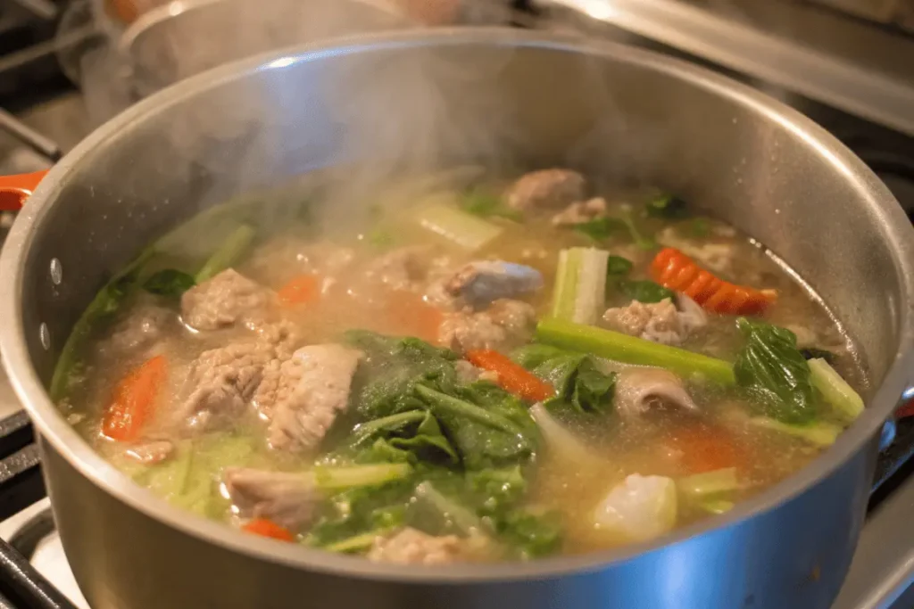 Cooking sinigang recipe with pork and vegetables simmering