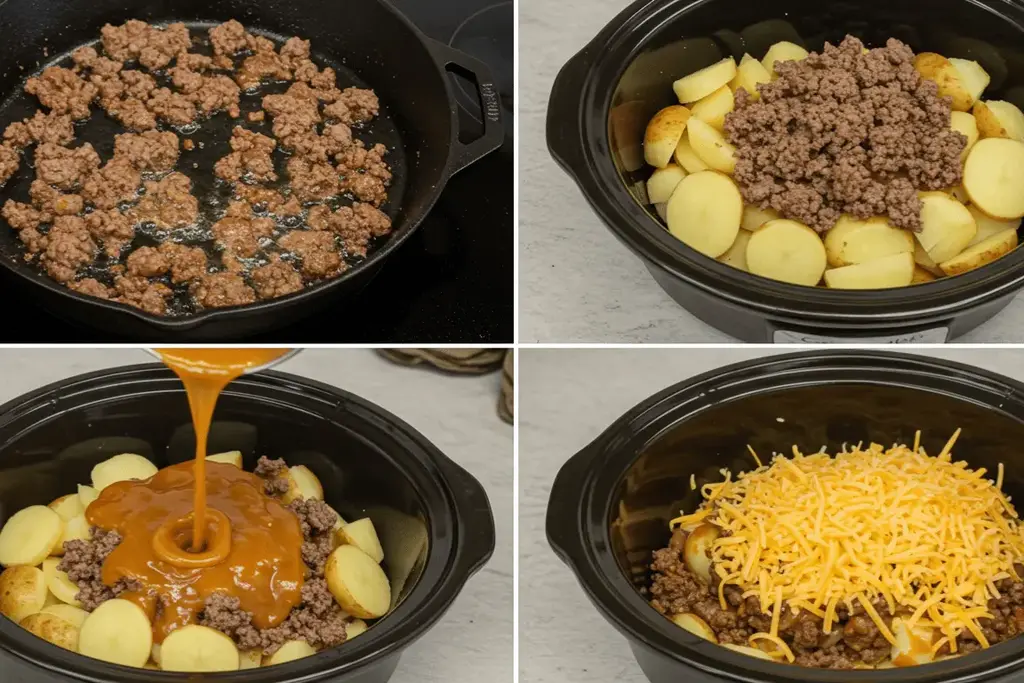 Step-by-step cooking process of slow cooker cowboy casserole with beef, potatoes, and cheese being layered.
